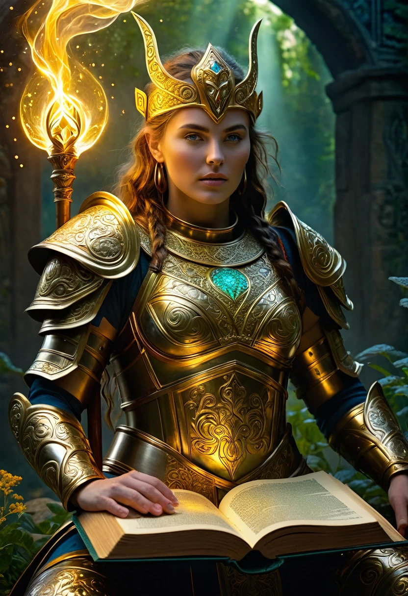 Celtic mythological masterpiece, A beautiful healing warrior, intricate ancient magic book, glowing golden power, healing herbs, mystical energy magic, detailed magical fantasy, cinematic dramatic lighting, rich vibrant colours, masterful digital painting, photorealistic, 8k, best quality, ultra-detailed, dramatic composition, powerful divine presence, ethereal mystical atmosphere, delicate intricate textures, breathtaking magical energy effects. combat armour