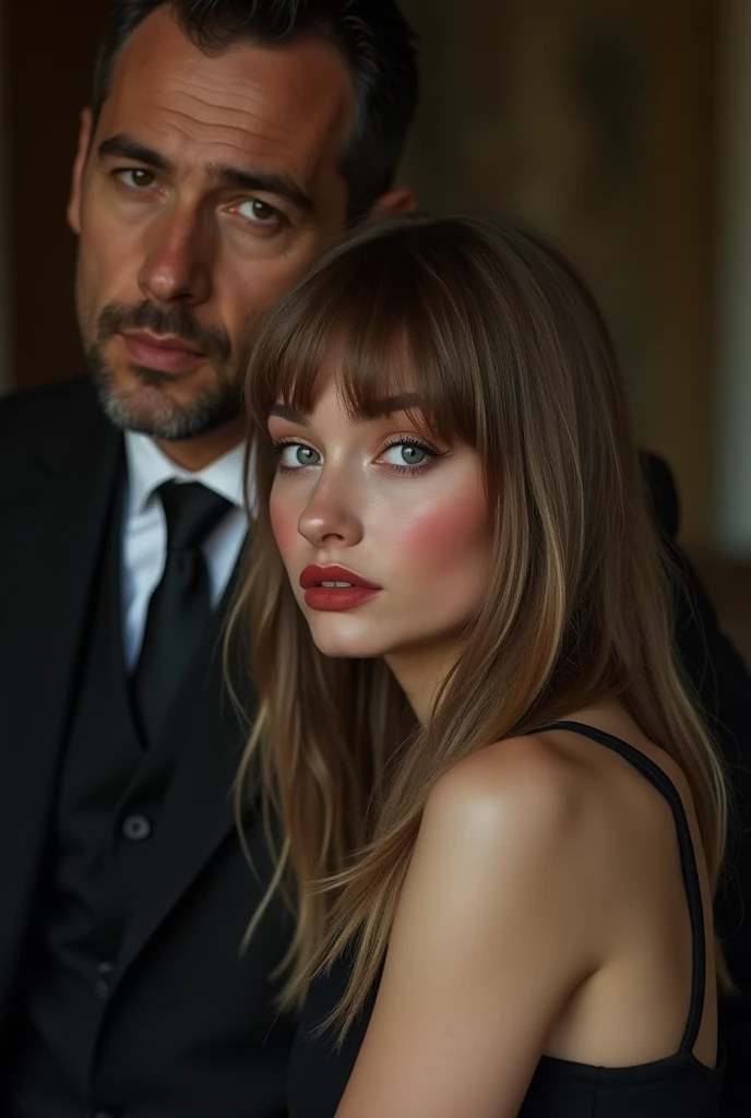  young white Russian woman with red cheeks and blue eyes and a fringe and light brown hair with a submissive face sitting on the lap of a brown Brazilian mobster in a suit 