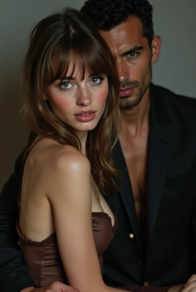 young white Russian woman with red cheeks and blue eyes and a fringe and light brown hair with a submissive face sitting on the lap of a brown Brazilian mobster in a suit