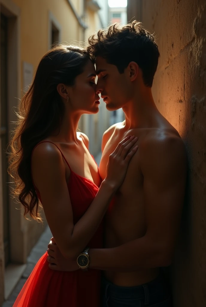 Generate me a couple in love with two mobsters, The woman is very beautiful, 25 years old, and the man is 19 years old in the background, says the Sicilian Mafia