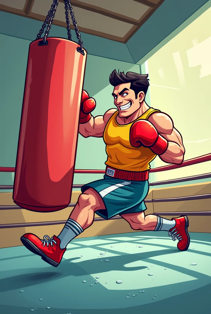 A boxer boxing with punching bag in cartoon fomat