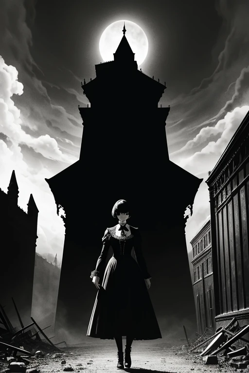 Edgar Allan Poe, ink art, pen and ink, (Best Quality, masutepiece:1.2),(black and white comic core:1.1),(extreme high contrast), 8K, SILHOUETTE, Dark ink, 1 beautiful girl, victorian_gothic_costume, bob_cut_hair, bangs, (Beautiful Hands), Very_beautiful_face, very_beautiful_eyes, even_eyes, ruins, Apocalypse, A walking big creature in the background, Seven trumpets, Surrealist art , dream-like, Mysterious, Provocative, symbolic, Complex