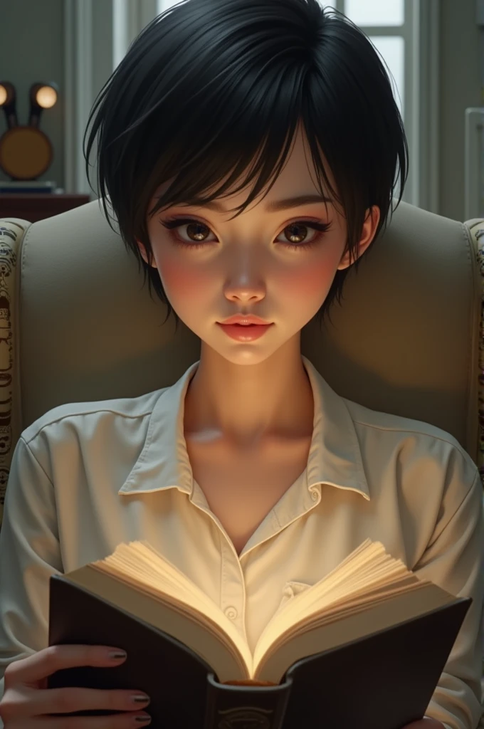 Woman with pixie cut reading a book