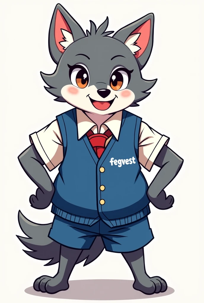 A wolf in a blue and white school uniform with fegvest written on it and that is fun and cool