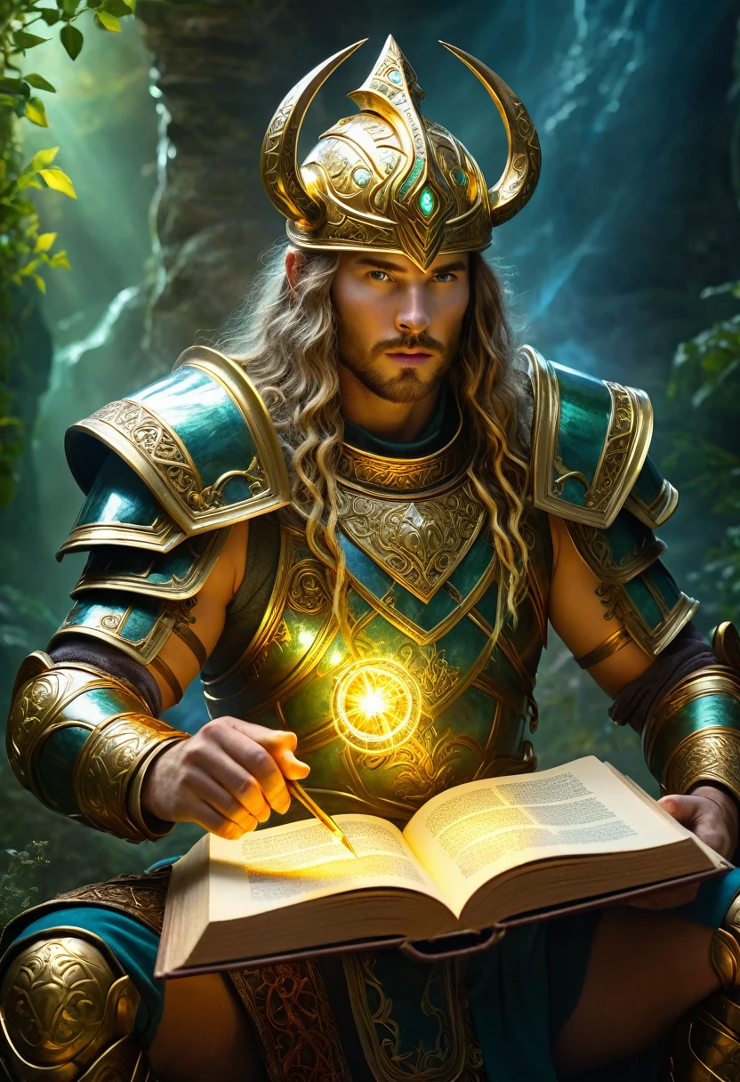 Celtic mythological masterpiece, A beautiful healing warrior, intricate ancient magic book, glowing golden power, healing herbs, mystical energy magic, detailed magical fantasy, cinematic dramatic lighting, rich vibrant colours, masterful digital painting, photorealistic, 8k, best quality, ultra-detailed, dramatic composition, powerful divine presence, ethereal mystical atmosphere, delicate intricate textures, breathtaking magical energy effects. combat armour