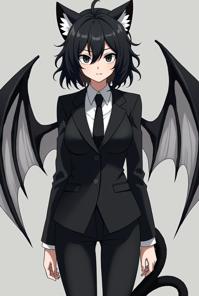 As an image of my hero academia the character is female and 15 years old. His hair is black and must be wavy and somewhat disheveled., falling to a little below the shoulders. Her eyes will be black and she will have an assimilation of the character Toga Himiko.
He will have white and black bat wings and a black cat tail..
She has a slim body and not very big breasts. She dresses the character in a suit.