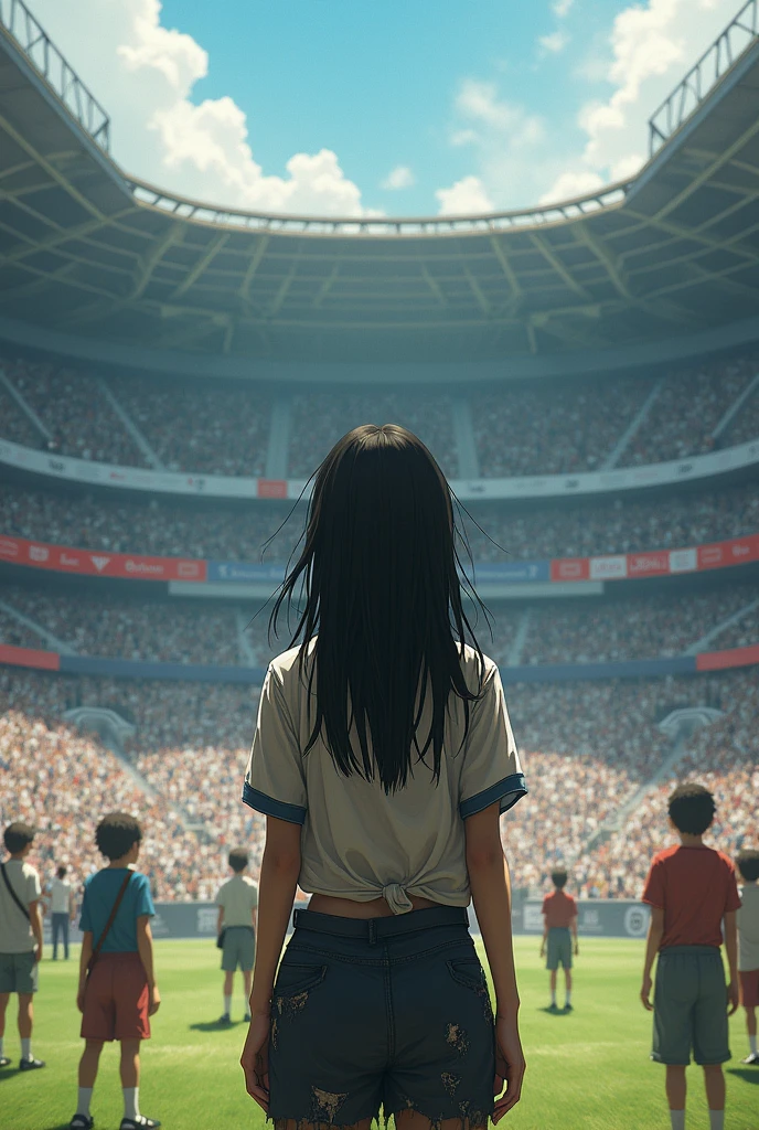 Girl with long black hair, Dressed in torn and ugly clothes, she stands with her back turned in the middle of a tournament field where everyone sees her., Realistic digital art