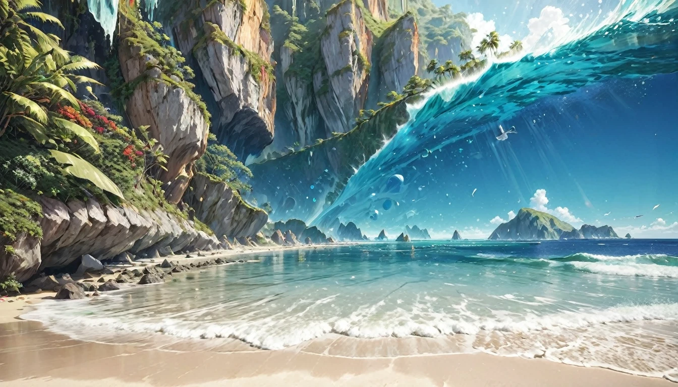 Summer Beach、(ultra-Detailed Background, Detailed Background), Absurd, High resolution, Super detailed, Very detailed,Crystal Splash, shine,