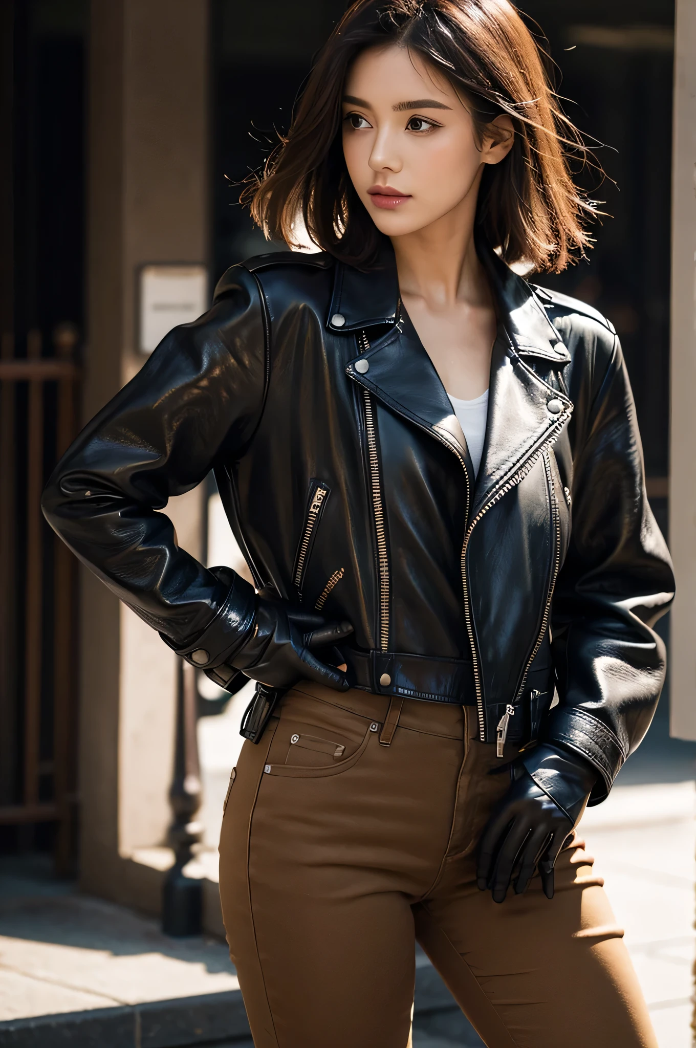 , leather jacket, leather gloves