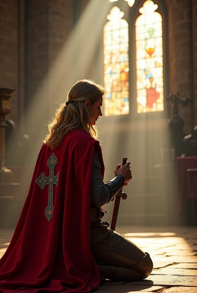 Image médiéval-fantastique d'un guerrier templier à genoux devant l'autel d'une cathédrale. Il ne porte pas de casque mais a des cheveux longs et blonds. Il porte une cape rouge sur laquelle figure le dessin brodé d'une croix chrétienne en couleur dorée. Il a les mains jointes, en train de prier. D'intenses rayons de lumière pénètrent les vitraux en direction du guerrier. Il porte une épée imposante.