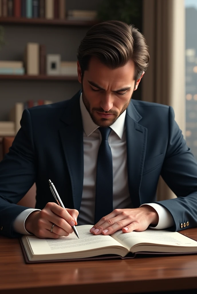 Businessman writing on notebook