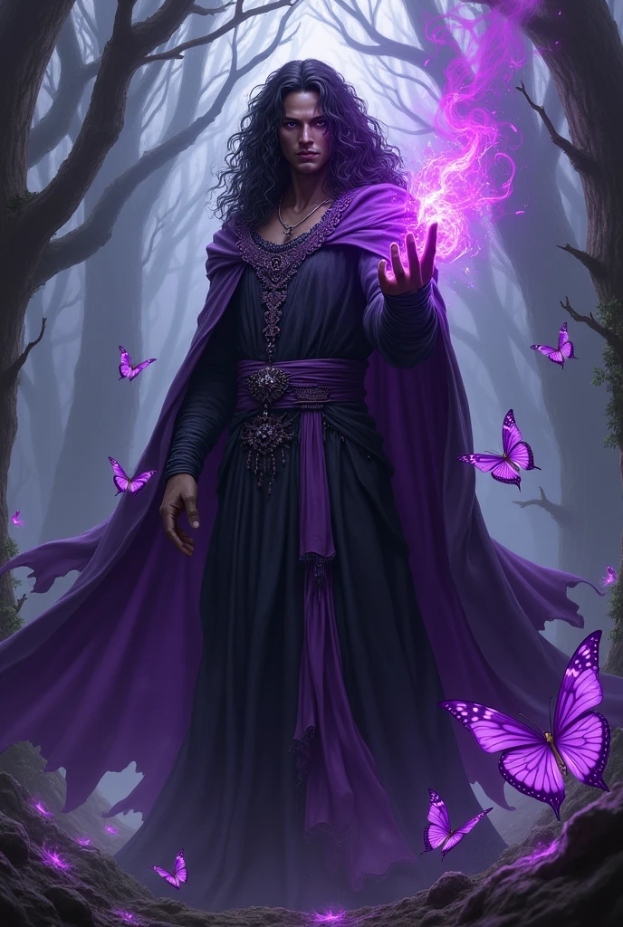 I wanted a wizard with dark purple eyes, dark skin, long curly hair, close but because of the magic, there are some purple highlights, your magic is elemental purple violet color, your outfit is black with some purple details, he wears a cape but it is not long, it goes up to the forearm, Around it there are dark purple butterflies, the background is a dark forest, because of the chaos magic it is a little destroyed