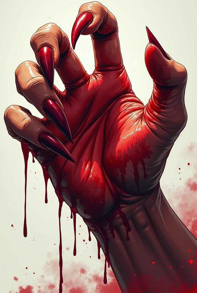 Scarlet blood claws in a big strong hand covered in live flesh and muscles, anime style