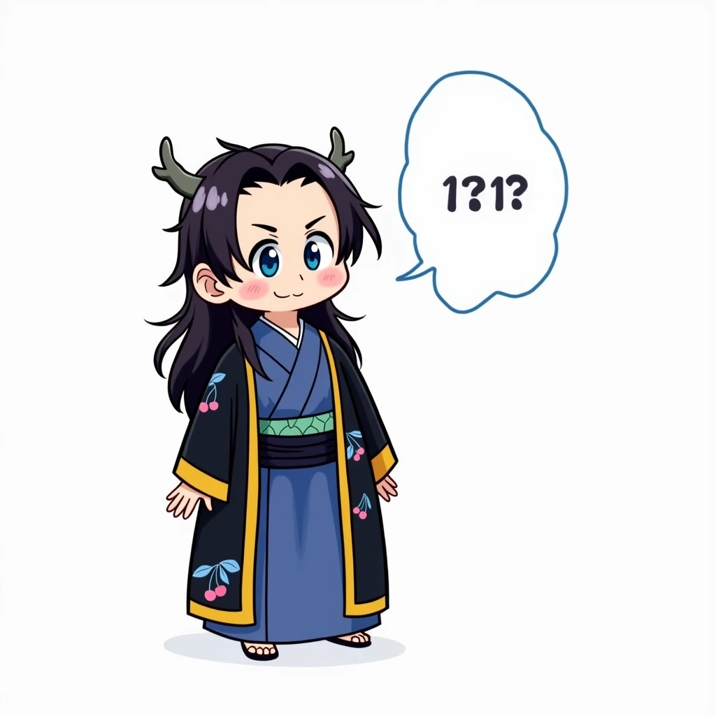(handsome man with long black hair,Crystal Blue Eyes Japanese Dragon Hybrid,with tail and rounded horns like branches,black haori with sky blue cherry print,anime style blue scales )