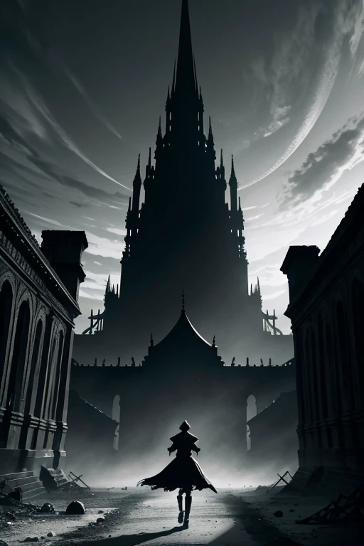 John Ronald Reuel Tolkien, ink art, pen and ink, (Best Quality, masutepiece:1.2),(black and white comic core:1.1),(extreme high contrast), 8K, SILHOUETTE, Dark ink, 1 beautiful girl, victorian_gothic_costume, bob_cut_hair, bangs, (Beautiful Hands), Very_beautiful_face, very_beautiful_eyes, even_eyes, ruins, Apocalypse, A walking big creature in the background, Seven trumpets, Surrealist art , dream-like, Mysterious, Provocative, symbolic, Complex