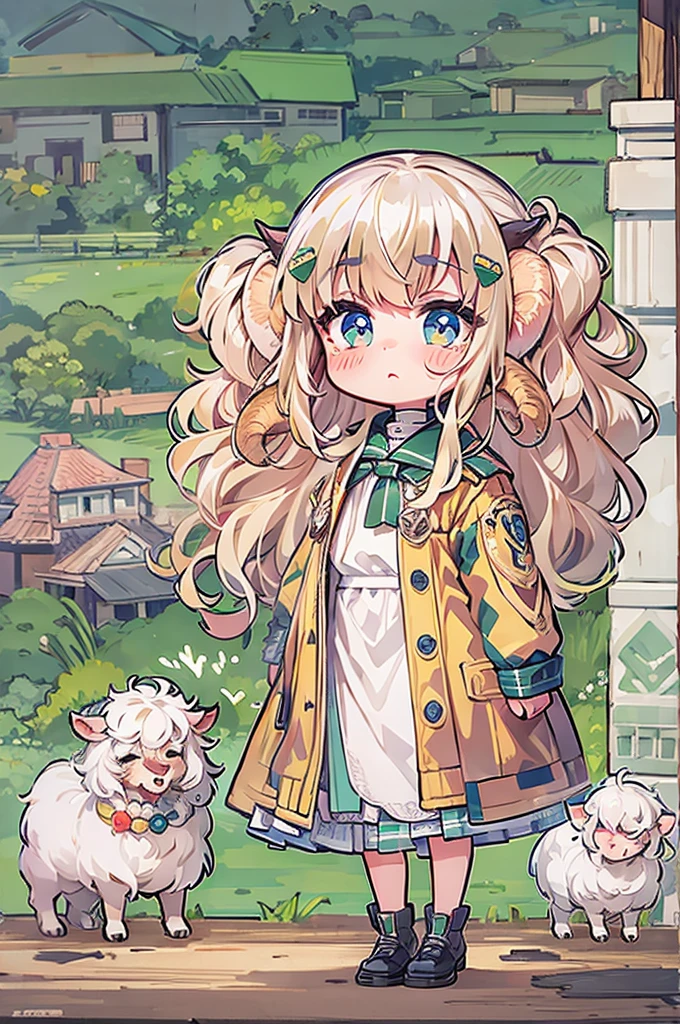 masterpiece, Highest quality, 8k, Pixel Art, cute, Vivid, Sheep, young woman, crying with eyes open, ((@ @:1.3)), I&#39;m worried, Open your mouth, Looking at the map, Full body portrait, (Fluffy pink hair:1.3, Long Hair, Hair like sheep's hair), (Thick eyebrows), one piece, Pink clothes, Long skirt, cardigan, 水色のcardigan, shoes, 茶色いshoes, Metropolis, Lost