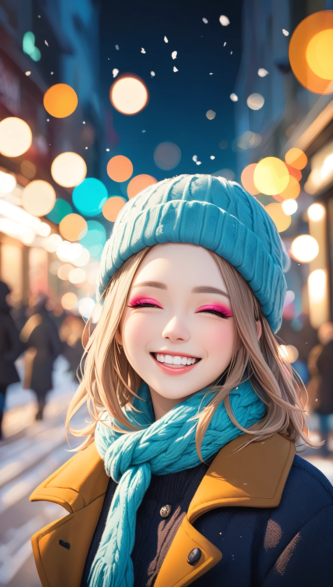 Highly detailed face, ((Drop your eyes)), pretty girl, Vibrant colors, Soft natural light, Bokeh effect. Winter clothing, Perfect Makeup, Professional photography, Street Snapshots, Vibrant colors, (smile, Laughter), 