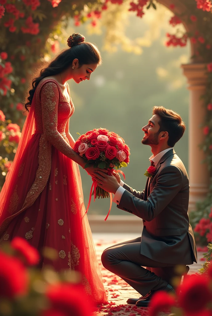 Real Husband purposing with a guldasto full of rose her wife in 