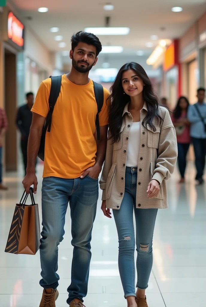 A boy age 27 south India from andhrapradesh wear jeans and t-shirt dusky skin and there was a girl age 25 north India from mumbai looks very modern she wears western dress looks very beautiful and active. Both are went to shopping mall. And she is doing some shopping.