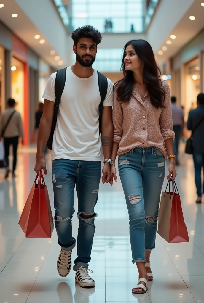 A boy age 27 south India from andhrapradesh wear jeans and t-shirt dusky skin and there was a girl age 25 north India from mumbai looks very modern she wears western dress looks very beautiful and active. Both are went to shopping mall. And she is doing some shopping.