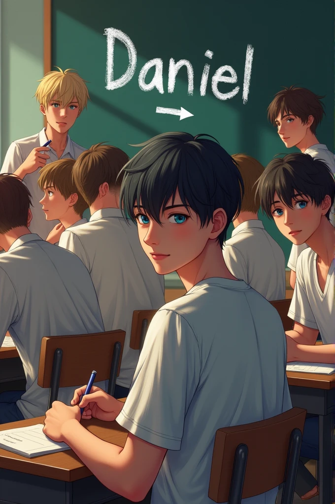 A group of all male teenagers sitting in a classroom wearing school uniforms, all with different personalities and appearances while they are turning on their torsos looking back with curious or lustful expressions while looking back, some young people whispering in the background. A young man should look light-skinned, Blue eyes and dark hair, This must have the word "Daniel" above his head in a chalkboard font and an arrow emerging from the word pointing towards him 