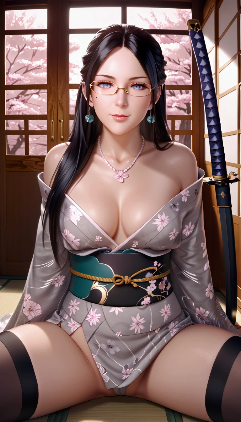 score_9, score_8_up, score_7_up, score_6_up, uncensored, misaki gundou, long hair, blue eyes, black hair, glasses, mole, mole under eye, lips, mature female, parted bangs, small breasts, BREAK Photorealistic, Hyperrealistic, Hyperdetailed, analog style, soft lighting, subsurface scattering, realistic, heavy shadow, masterpiece, best quality, ultra realistic, 8k, golden ratio, Intricate, High Detail, film photography, soft focus BREAK, 1girl, breasts, japanese clothes, large breasts, solo, weapon, sword, kimono, magatama, katana, sash, jewelry, thighhighs, cleavage, smile, obi, thighs, earrings, rope belt, sitting, magatama necklace, wide sleeves, looking at viewer, white kimono, open mouth, necklace, detached sleeves, grey kimono, cherry blossoms, black thighhighs, holding weapon, holding, holding sword, long sleeves, bare shoulders, dragon print, weapon over shoulder, spread legs, backlighting, tentacles,