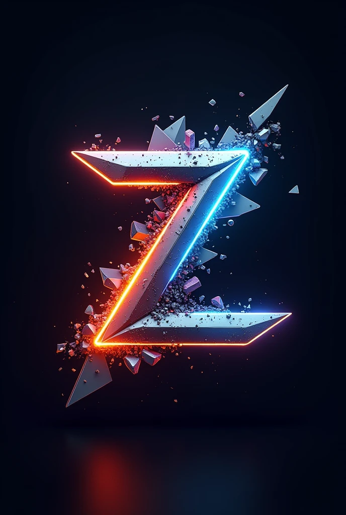 Design a futuristic and dynamic 3D logo featuring a letter (such as 'Z') with sharp edges and geometric patterns. The letter should appear as if it is shattering or disintegrating, with fragments breaking away in various directions. Incorporate glowing neon lines (in colors like orange and blue) running through the letter to give it an energized and high-tech look. The background should be dark, allowing the bright elements of the logo to stand out vividly. Add a subtle waveform pattern to enhance the sense of motion and energy.