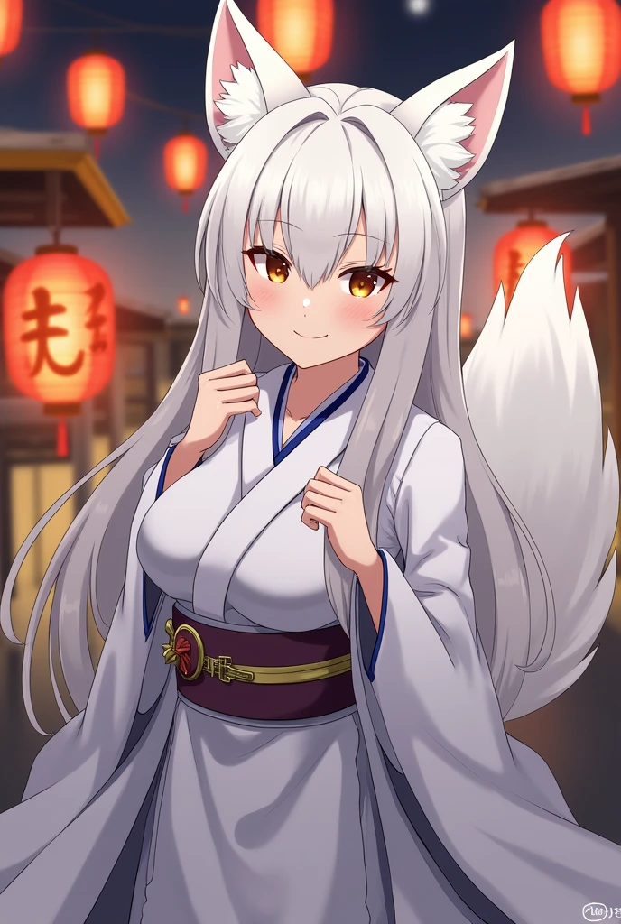 fox maiden, maiden, white color fur, miko clothing, fox ears, night, lanterns, white hair color, smile