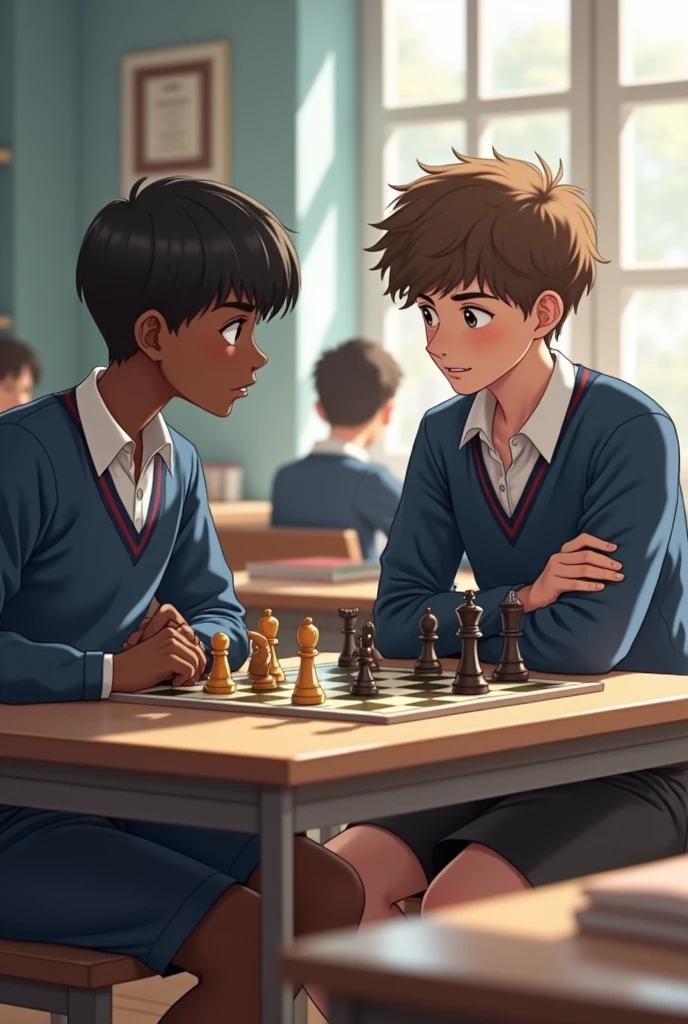 Student playing chess in school 
And singing song 
One in black skin and stright hair student and one is neutral skin and curly hair student they are in  class both are boys in school uniform 
