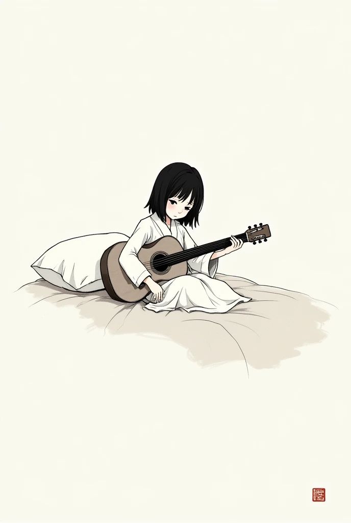 Baby girl with guitar sitting on bed. Sumi-e art with brush and ink.

