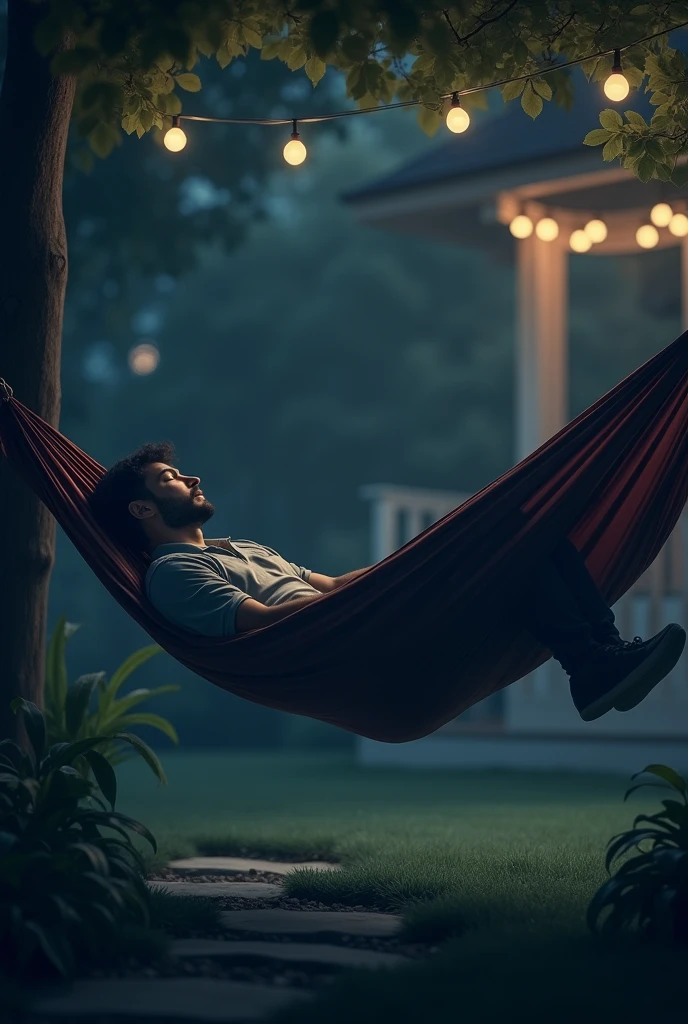 Man lying in a hammock to sleep in the backyard in the dark at night