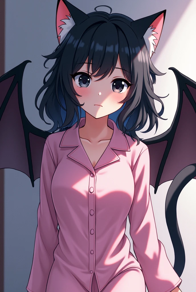 As an image of my hero academia the character is female and 15 years old. His hair is black and must be wavy and somewhat disheveled., falling to a little below the shoulders. Her eyes will be black and she will have an assimilation of the character Toga Himiko.
He will have white and black bat wings and a black cat tail..
She has a slim body and not very big breasts. She dresses the character in pink pajamas.