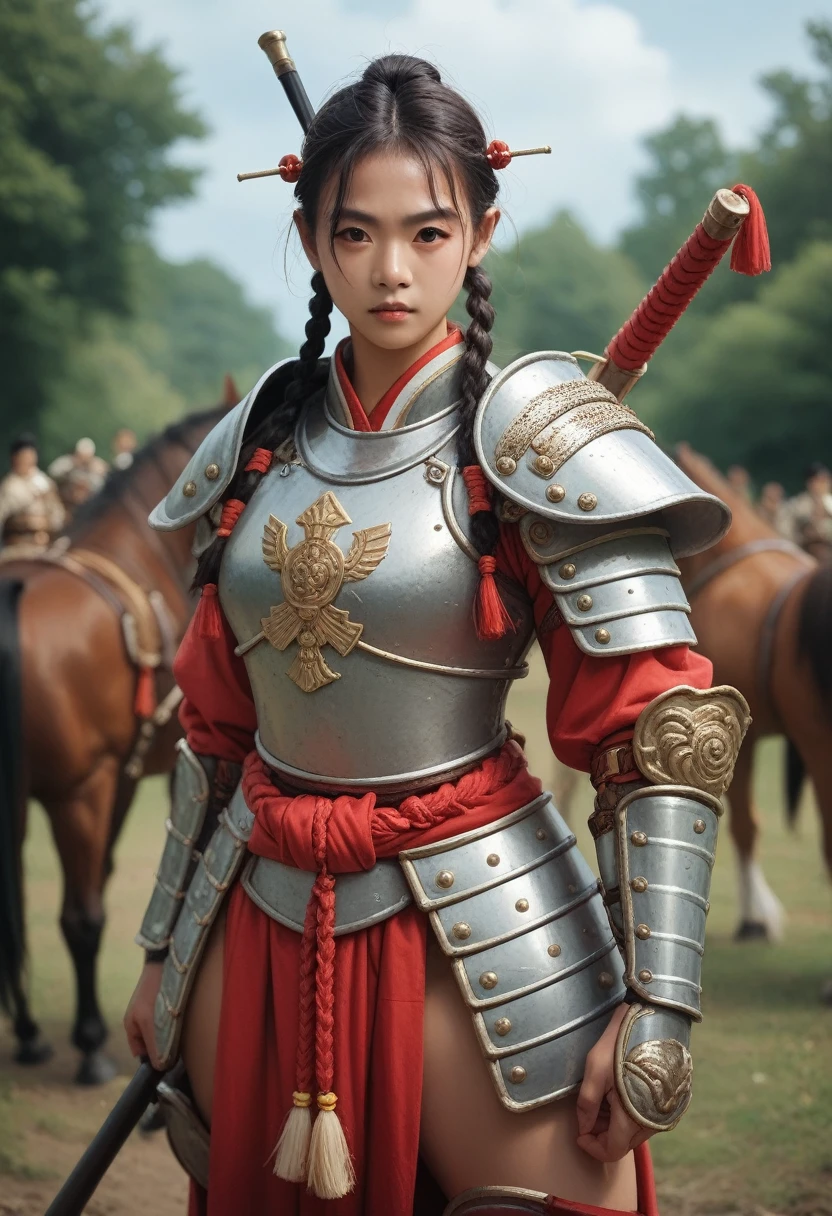 Artwork of sexy mongole asian warrior girl, nomade, steppe warrior, fur armor, horse, braids, by Ken Mortensen