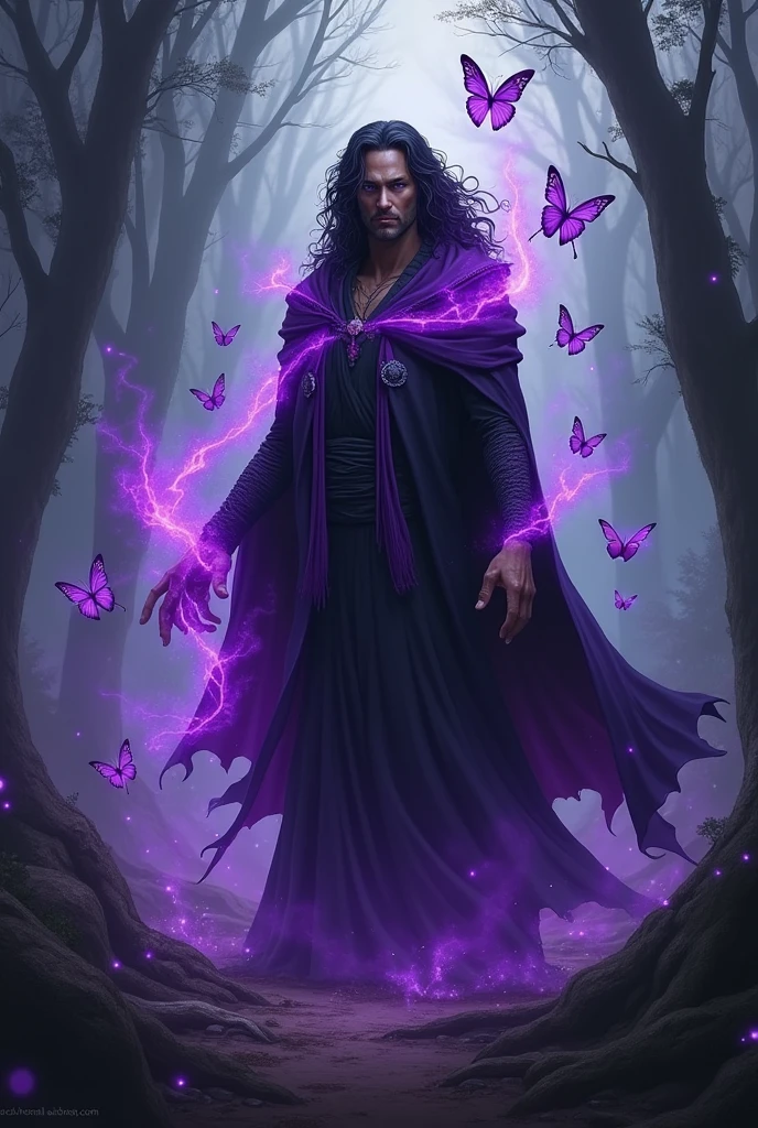 I wanted a wizard with dark purple eyes, dark skin, long curly hair, close but because of the magic, there are some purple highlights, your magic is elemental purple violet color, your outfit is black with some purple details, he wears a cape but it is not long, it goes up to the forearm, Around it there are dark purple butterflies, the background is a dark forest, because of the chaos magic it is a little destroyed