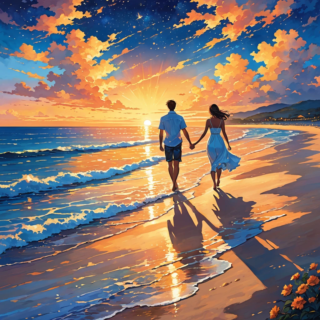 A vibrant and romantic summer scene depicting a couple walking hand in hand along a sandy beach at sunset. The sun is setting on the horizon, casting golden rays and a warm glow over the ocean waves. The sky is a deep blue, with the first stars beginning to appear. The couple is immersed in each other's company, embodying the spirit of a passionate summer night. The atmosphere is filled with warmth and serenity, capturing the essence of summer love and the beauty of the moment under a starry sky