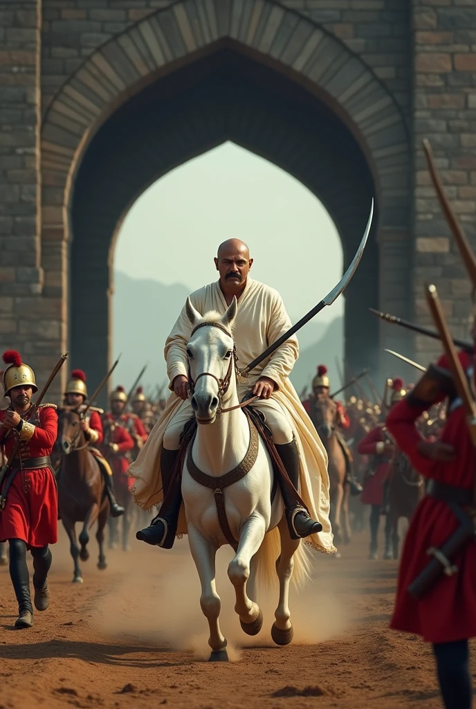 18th century Tipu Sultan of Mysore with bald head and twisted thin moustache with clean shaven chin and head wearing a silky white gown holding a turkish arched steel sword in right hand riding a white horse surrounded by his soldiers emerging from 8 feet dark stone arched Indian tunnel charging towards the British soldiers in red uniform who are targeting and firing with muskets in cinematic UHD landscape resolution
