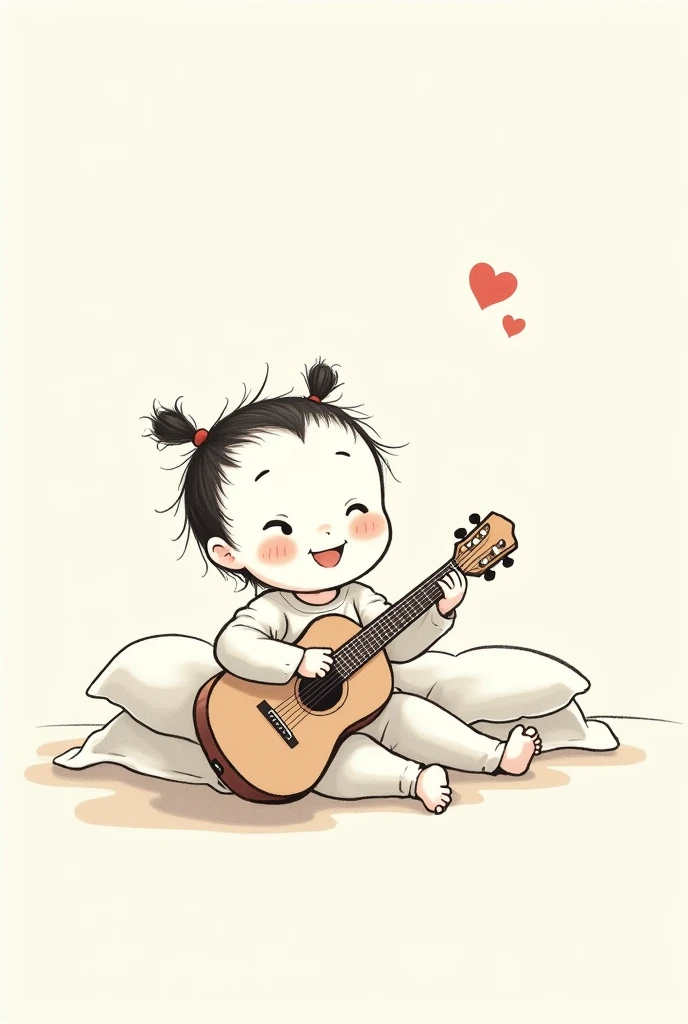 Happy baby girl with guitar sitting on bed. Sumi-e art with brush and ink.

