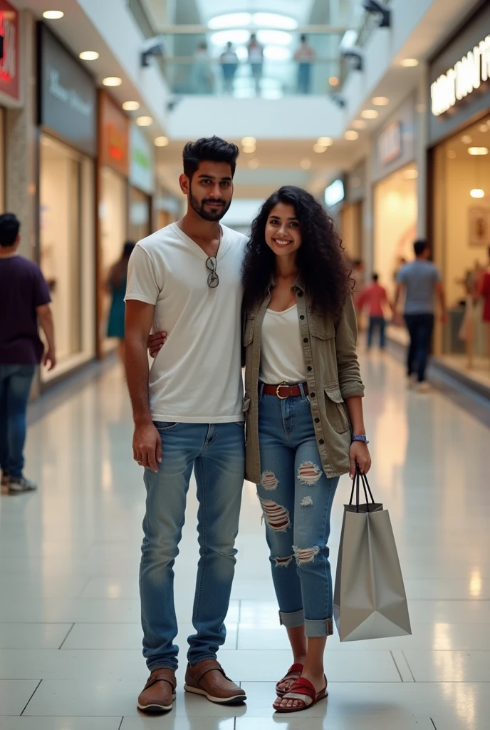 A boy age 27 south India from andhrapradesh wear jeans and t-shirt dusky skin and there was a girl age 25 north India from mumbai looks very modern she wears western dress looks very beautiful and active. Both are went to shopping mall. And  she is doing some shopping.