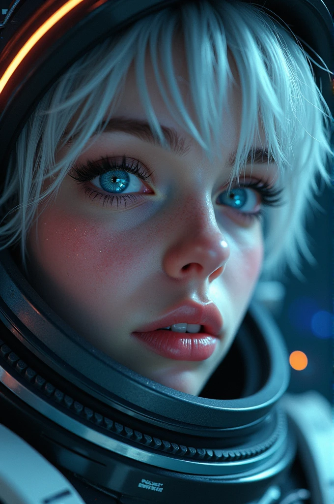 (Close-up of a better masterpiece:1.5)0.9], (Space and astronauts:1.2) (Messy silver hair:1.1) (Heterochromia xanthochromia and blue eyes:1.2) (Space Helmet:1.0) (Colored stars in the eyes:1.0) (A radiant glow:1.1) (thick lips:0.9)