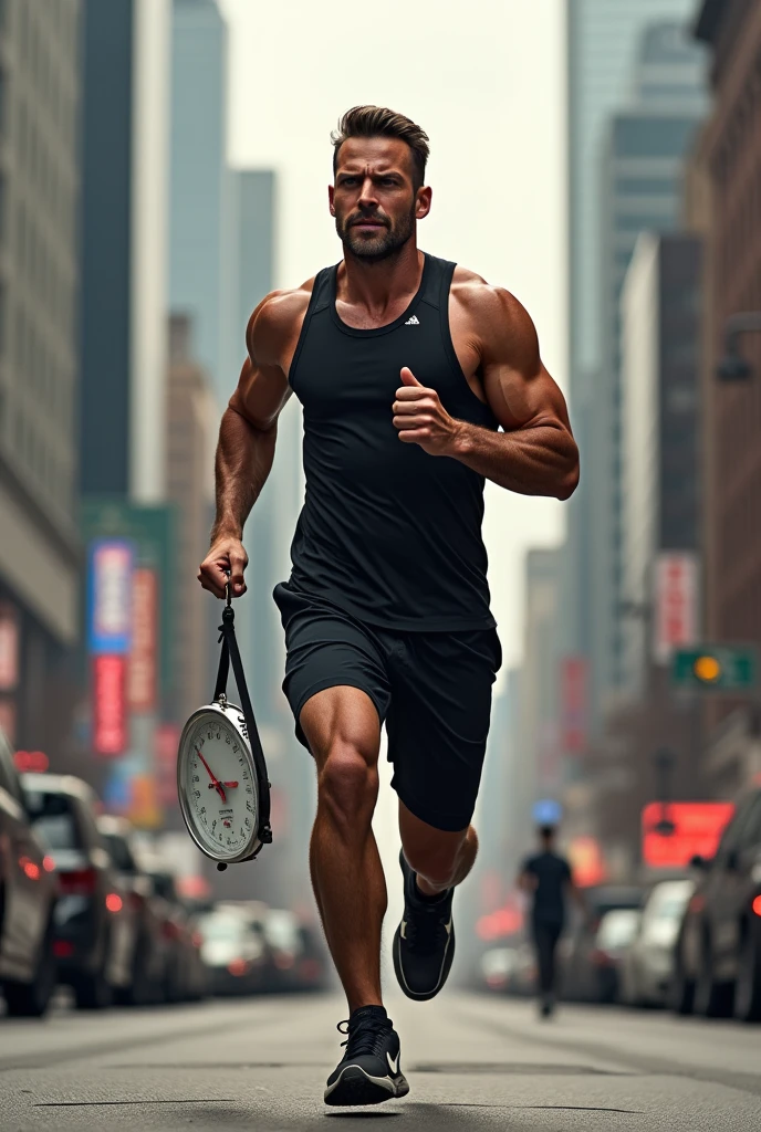 A man jogging intensively in the city with a scale for measuring body weight in his hand