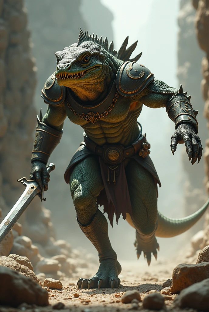 A side angle of a charging lizardman wearing armor and wielding a sword