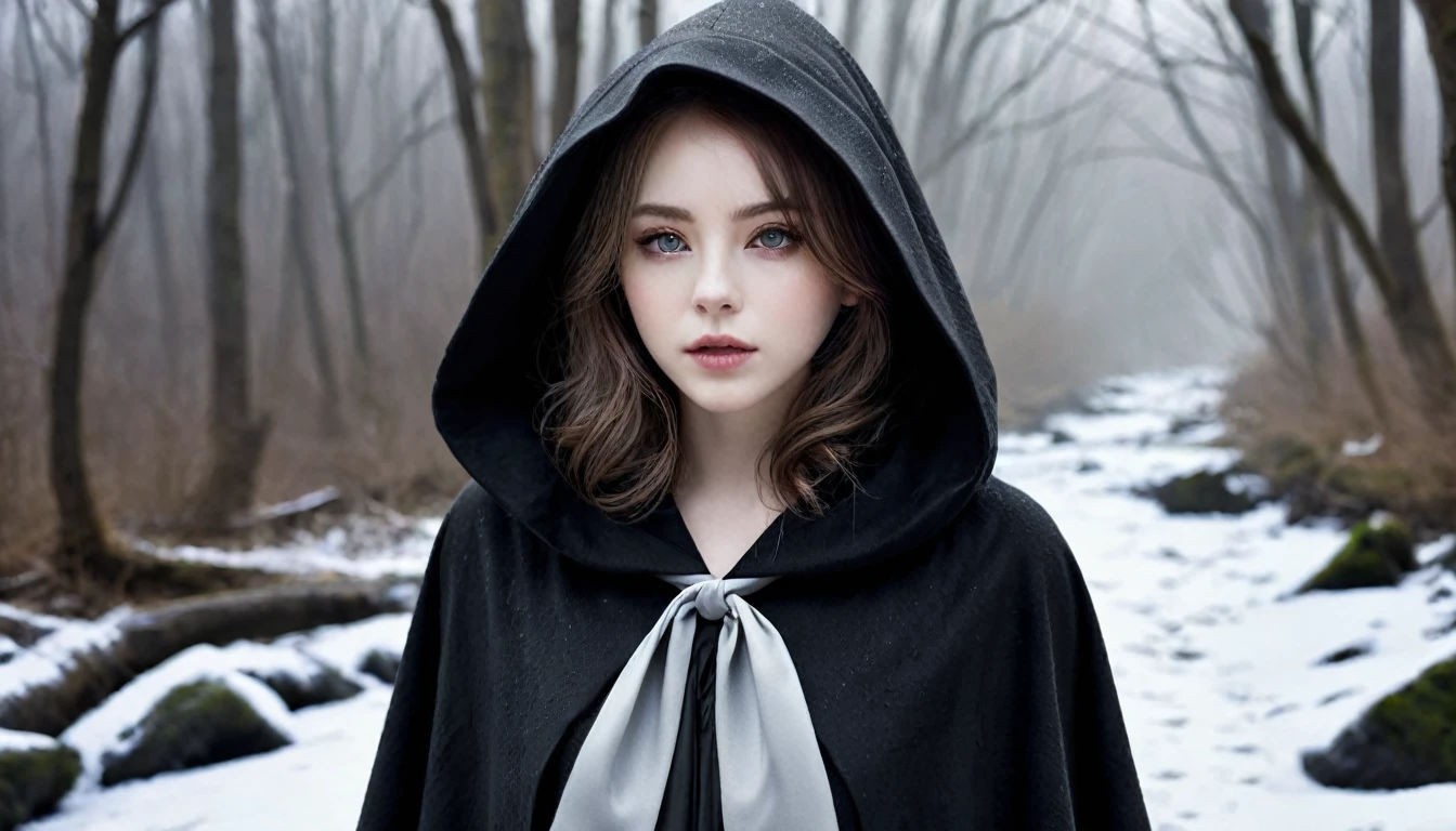 ((masterpiece, Fantasy,Hood pulled down deeply,Black paint on eyelids and cheeks, A beautiful girl is far away, Wizard,Winter clothes)), Brown hair with wavy ends,short hair,Pale skin, Heavy black hooded cloak, dark緑のワンピース,assassin, Robe over grey clothes, forest, Small River, fog,Thin lips,Looking down, dark, night