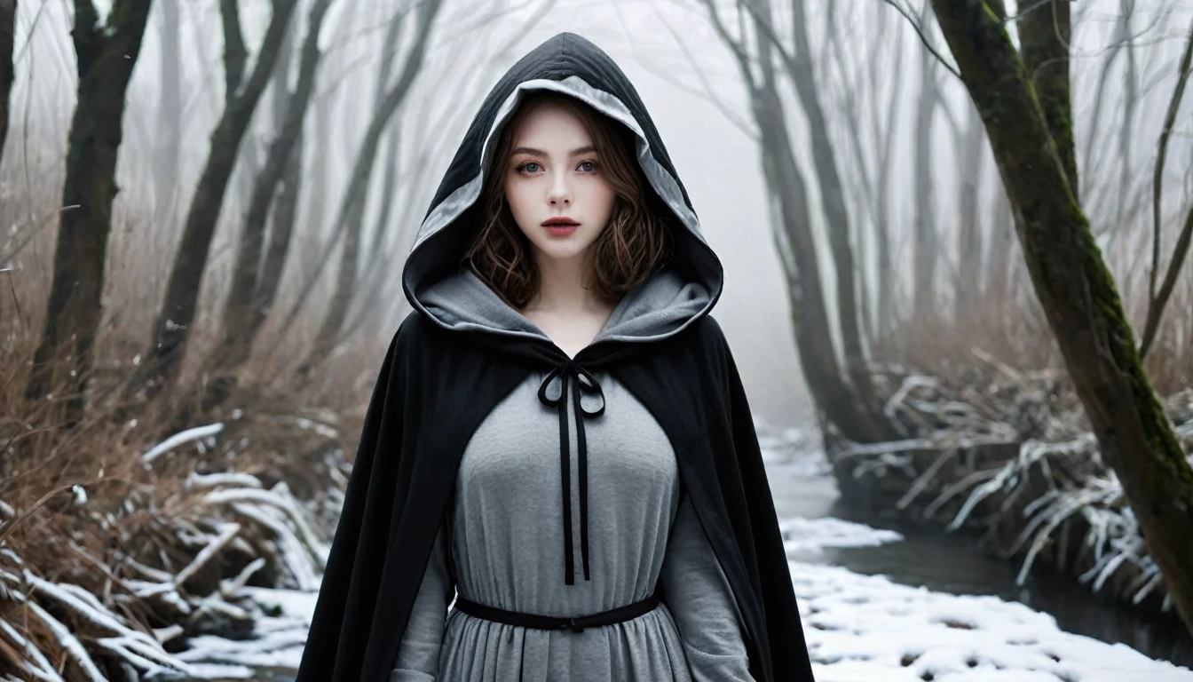 ((masterpiece, Fantasy,Hood pulled down deeply,Black paint on eyelids and cheeks, A beautiful girl is far away, Wizard,Winter clothes)), Brown hair with wavy ends,short hair,Pale skin, Heavy black hooded cloak, dark緑のワンピース,assassin, Robe over grey clothes, forest, Small River, fog,Thin lips,Looking down, dark, night