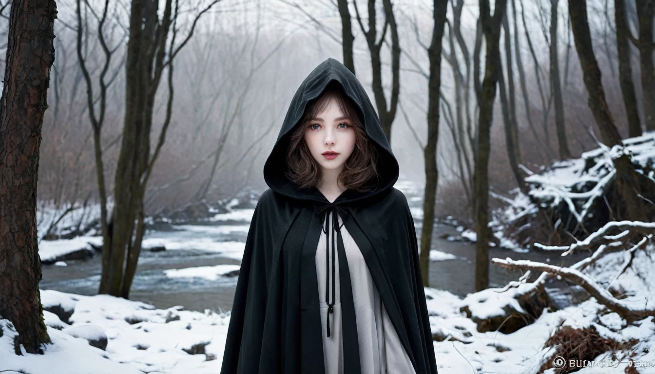 ((masterpiece, Fantasy,Hood pulled down deeply,Black paint on eyelids and cheeks, A beautiful girl is far away, Wizard,Winter clothes)), Brown hair with wavy ends,short hair,Pale skin, Heavy black hooded cloak, dark緑のワンピース,assassin, Robe over grey clothes, forest, Small River, fog,Thin lips,Looking down, dark, night