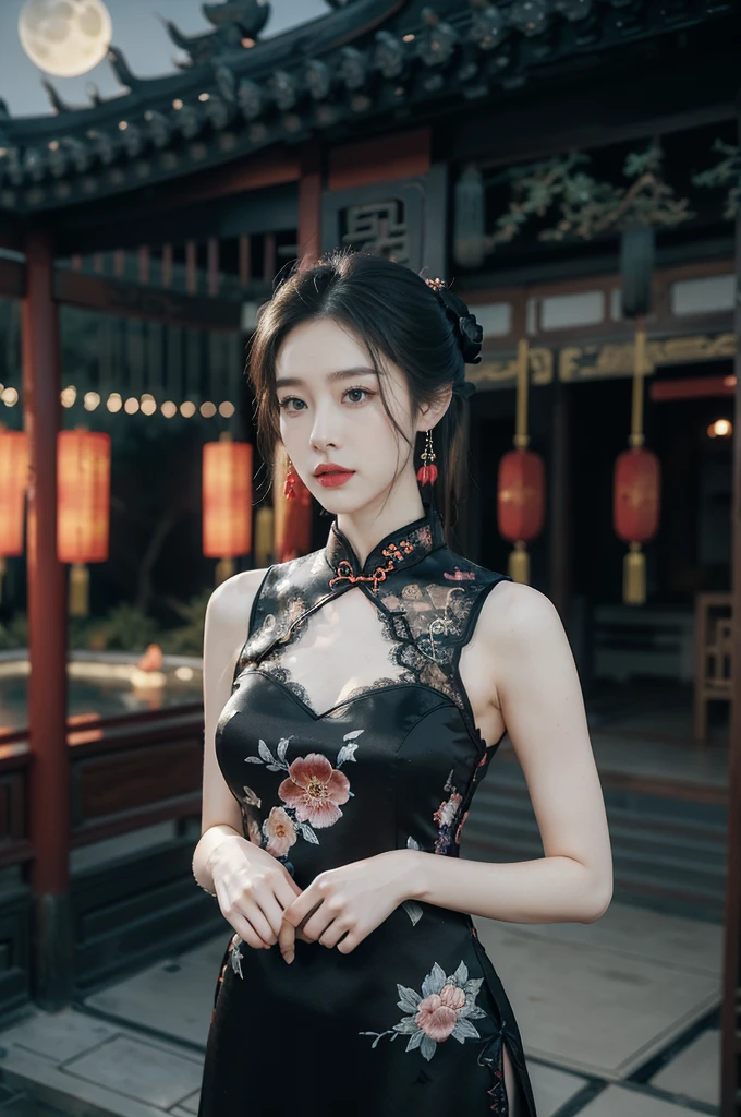 (((best quality))),(((ultra detailed))),(((masterpiece))),illustration,((1 beautiful girl,solo)),(bun hair:1.2),(Ghostly makeup:1.3),(fair skin:1.5),(red lips:1.2),(earrings:1.2),((slim,thin)),((small breasts,flat chest,cleavage)),(black floral embroidered lace sleeveless cheongsam:1.5),(thigh loop:1.3),(slender legs:1.2),(stockings:1.3),(standing:1.3),(hands behind head:1.3),(armpits:1.3),(A huge moon in the sky:1.3),(moonlit Chinese garden courtyard:1.3),(Ghost Festival:1.3),(Ghostly flames are drifting in the air:1.3),elegant and sophisticated,intricate patterns,curves,dark color,striking visual appeal,ethereal,enchanting,ghostly black blossoms,swaying branches,stone pathways,moss,eerie shadows,ancient pavilion,intricate wooden structure,mystery and intrigue,cicadas chirping,auditory symphony,embodiment of the festival's spirit,bathed in the moon's glow,delicate features,raven-black hair,waterfall of darkness,moon's luminance,captivating allure,sleek fabric,clung to frame,accentuating curves,highlighting beauty,striking appearance,ethereal beauty,hauntingly beautiful scene,captured essence,blend of beauty and mystery,(night scene:1.3),((from front,upper body))