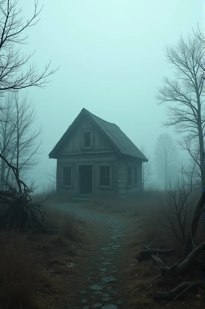 Old, abandoned cabin shrouded in mist. Image ratio 9:16