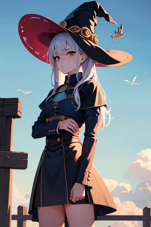 best qualityer, highy detailed, work of art, ultra detali, nube, witch_ha, ha, 1 girl, sky, cerulean_sky,giorno, far away_body hair, nubey_sky, moonligh,bird, standing alone, Plata_body hair, witch, outdoors looking at the viewer