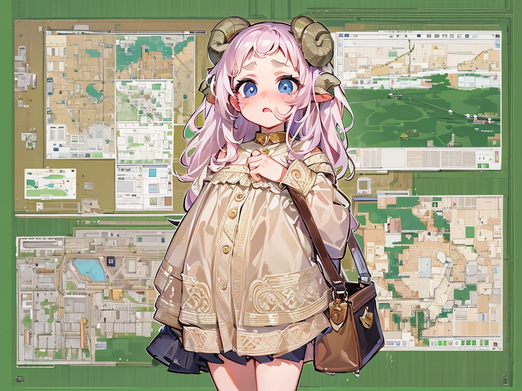 masterpiece, Highest quality, 8k, Pixel Art, cute, Vivid, Sheep, young woman, crying with eyes open, ((@ @:1.3)), I&#39;m worried, Open your mouth, Looking at the map, Full body portrait, (Fluffy pink hair:1.3, Long Hair, Hair like sheep's hair), (Thick eyebrows), one piece, Pink clothes, Long skirt, cardigan, 水色のcardigan, shoes, 茶色いshoes, Metropolis, I&#39;m lost, carry case