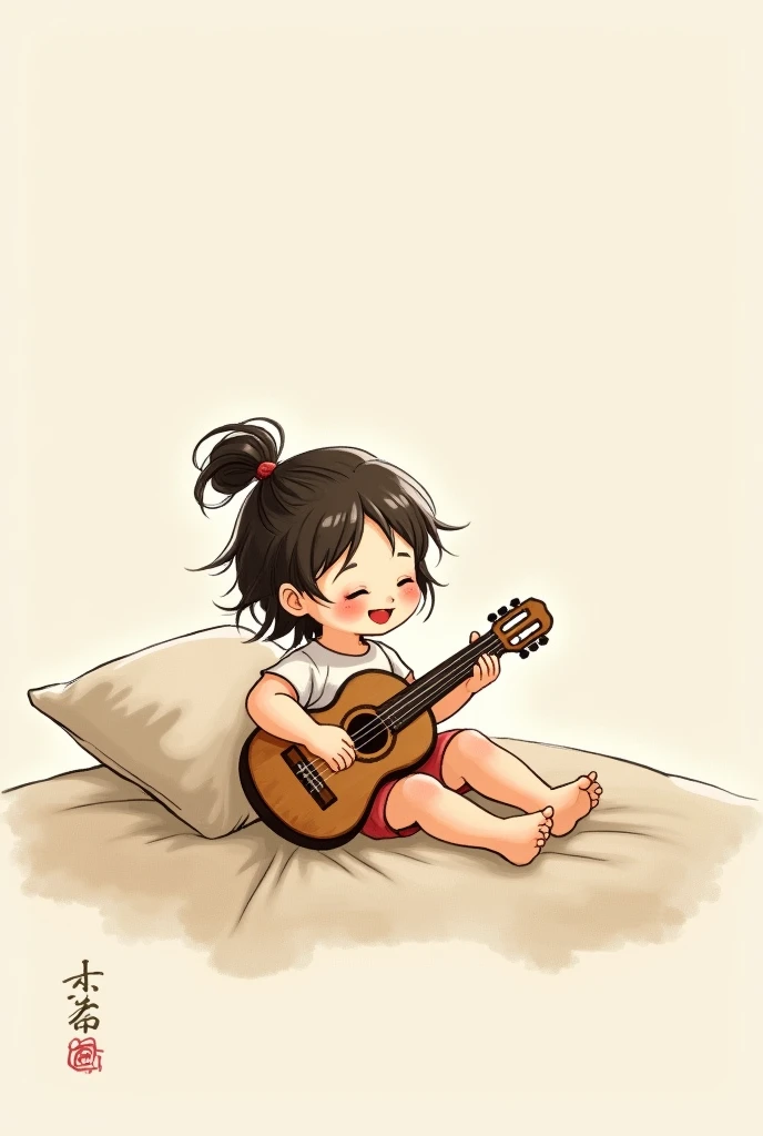 Happy baby girl with guitar sitting on bed. Sumi-e art with brush and ink.