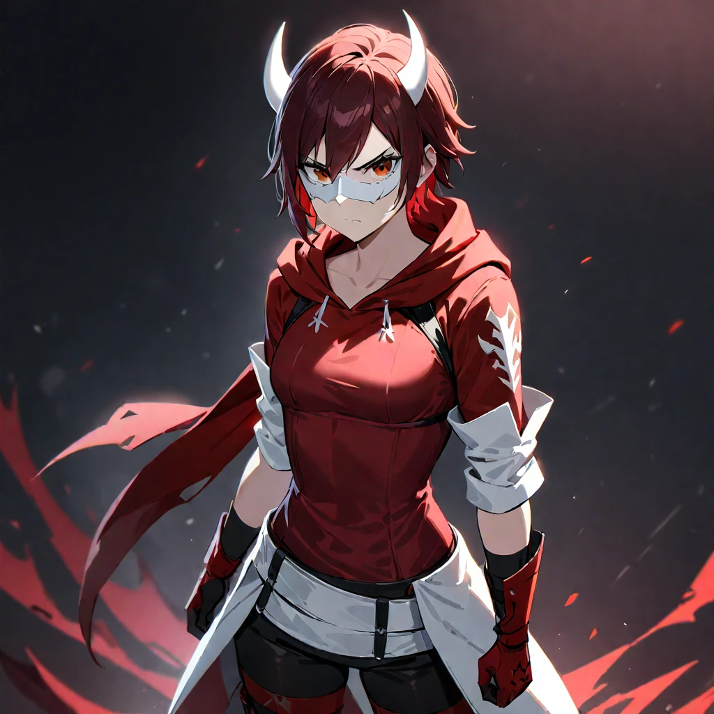 1girl, Ruby Rose, RWBY, protagonist, serious, wearing a red hoodie with white devil horns, a white mask, standing in a dark room, masterpiece, best quality, very aesthetic, absurdres, ((medium quality)), ((medium quality))